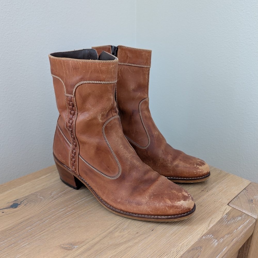 Vintage Western Leather Braided Stacked Heel Campus Boots In Honey Brown - 8.5